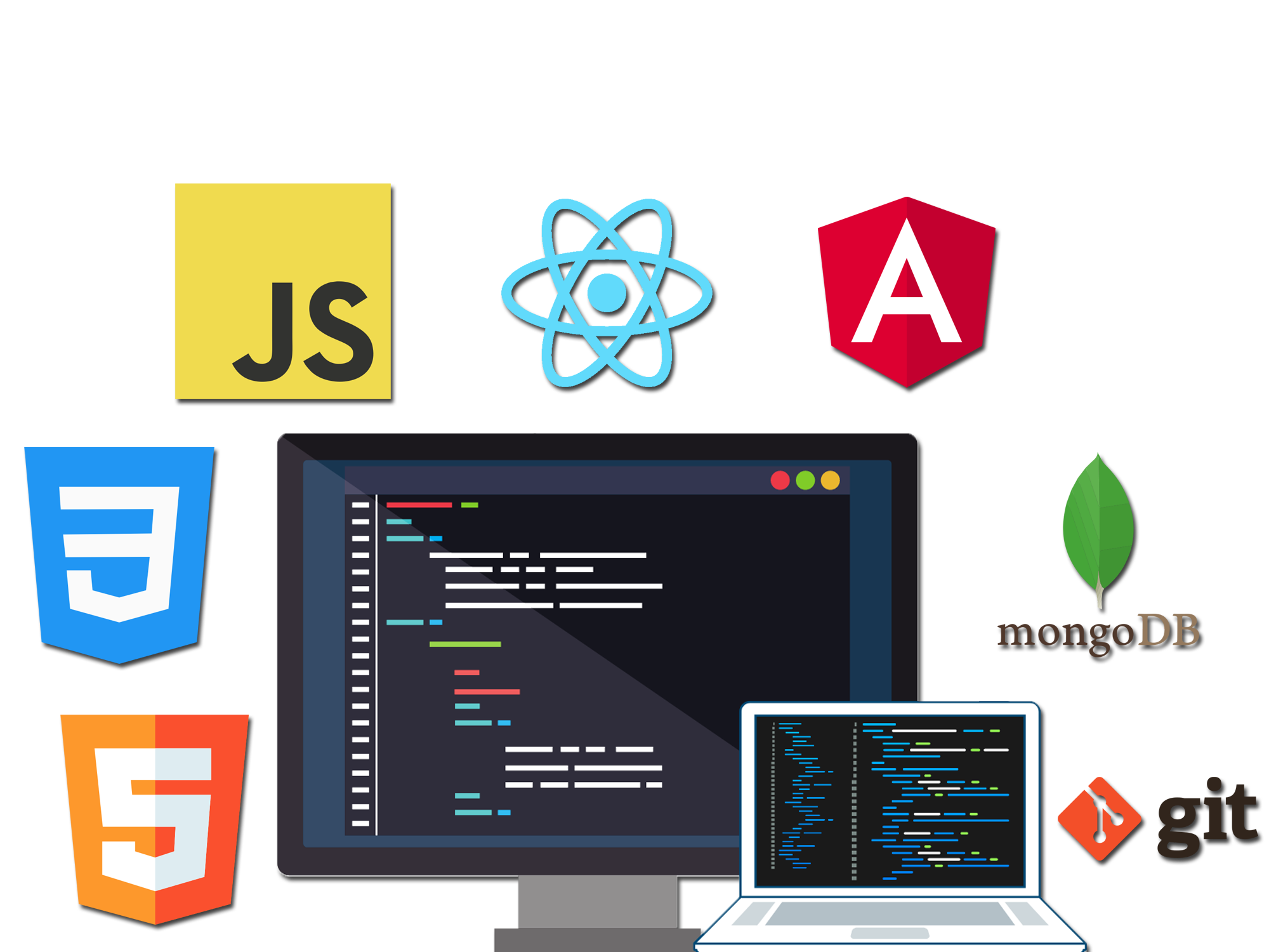 Monitor, logos de HTML, CSS, JS, React, Angular y MongoDB